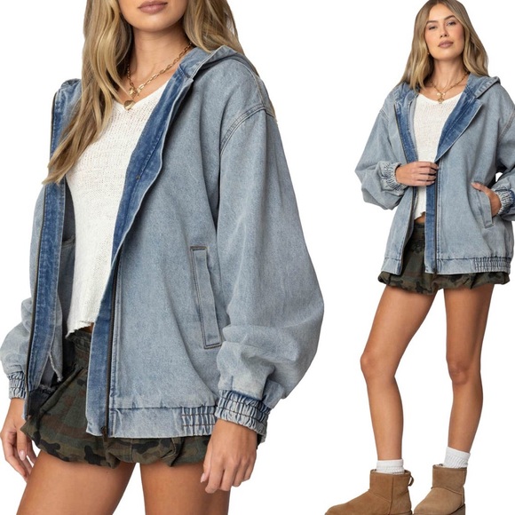 ❤️Edikted denim hooded bomber jacket XS vintage washed sold out everywhere - Picture 1 of 3